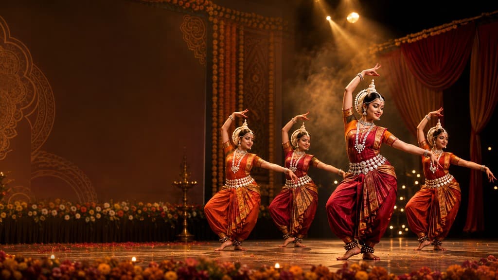 Classical Indian dancers performing on a decorated stage