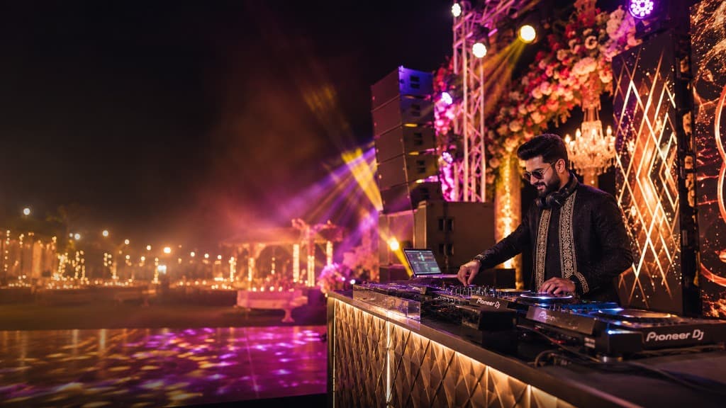 Wedding DJ performing with a professional sound setup