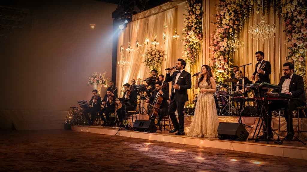Live orchestra and vocalists performing on a wedding stage