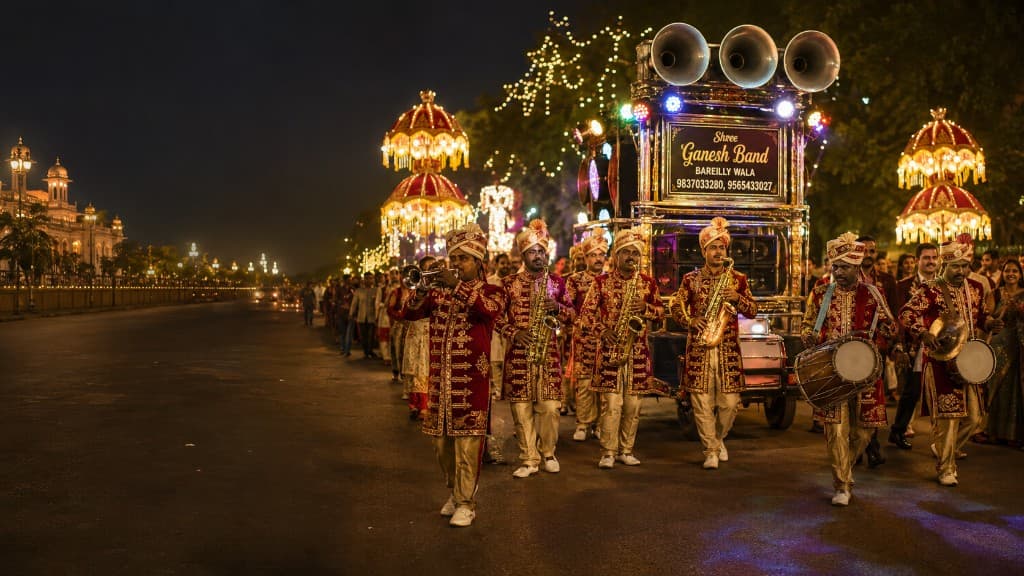 Wedding brass band marching at night with illuminated umbrellas and sound cart